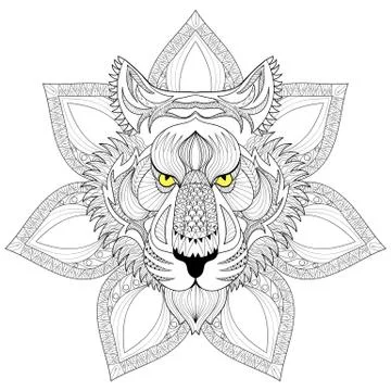 Vector Tiger. Zentangle Tiger face on mandala illustration, Tige 스톡 일러스트
