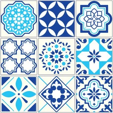 Vector tiles blue pattern, Lisbon floral mosaic, Mediterranean Illustrazione stock