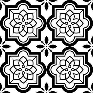 Vector tiles pattern, Lisbon floral mosaic set, Mediterranean seamless black Stock Illustration