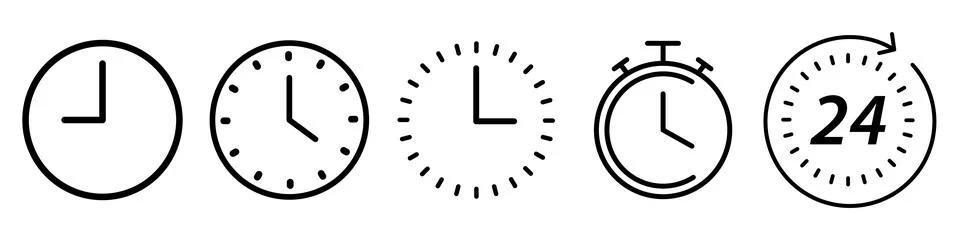 Vector Time and Clock icons in thin line style. Stock Illustration