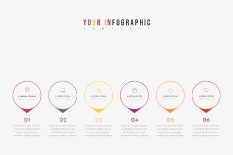 Vector timeline infographic with 6 pointers, steps Stock Illustration