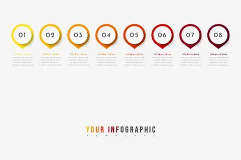 Vector timeline infographic with 8 pointers, steps or processes. Stock Illustration