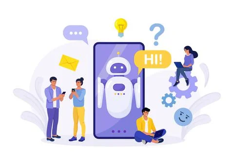 Vector of tiny people chatting with chatbot application on a phone screen Stock Illustration