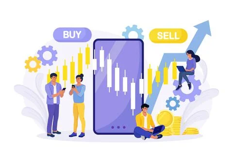 Vector of tiny people stock traders buy and sell shares with a mobile phone app 스톡 일러스트