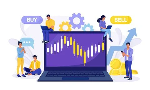 Vector of tiny people stock traders buy and sell shares on a computer Stock Illustration