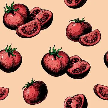 Vector tomato seamless pattern drawing. Isolated tomatoes and sliced pieces.  Stockillustratie