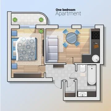 Vector top view illustration of modern one bedroom apartment. Detailed Stock Illustration