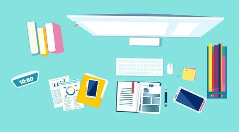 Vector Top view of an office desk with desktop computer, books, phone and o.. Stock Illustration