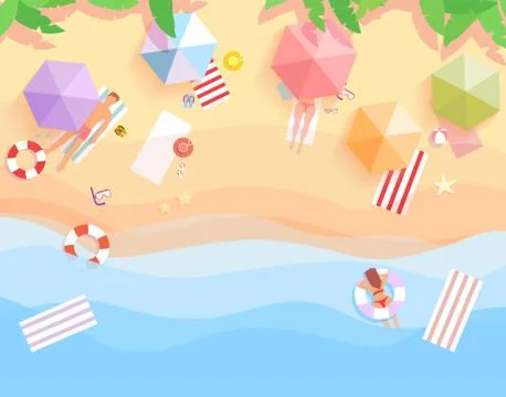 Vector top view of people relaxing on the tropical beach paradise with umbrel Stock Illustration