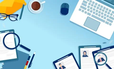 Vector of a top view workplace of a recruitment agency searching for a candid Stock Illustration