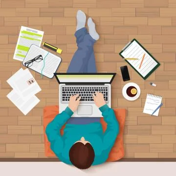 Vector top view of young man sitting on floor with laptop and elements workplace Illustrazione stock