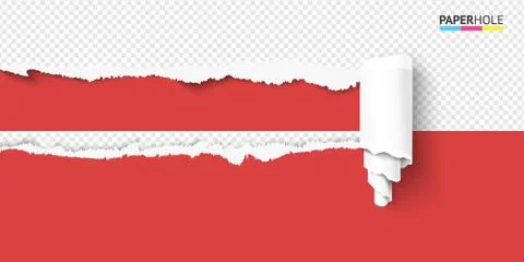 Vector Torn paper hole with bent rip edge scroll on transparent background. Illustrazione stock