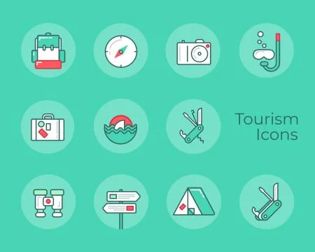 Vector Tourism flat icons set in mint and green tones. Stock Illustration