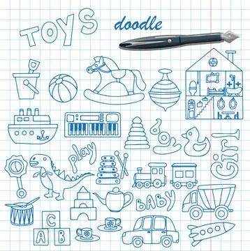 Vector toys doodle stickers set. Hand draw collection of toys icons for baby Stock Illustration