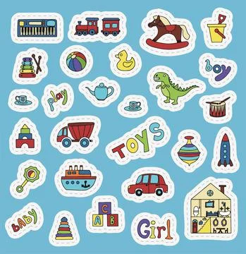 Vector toys doodle stickers set. Hand draw collection of toys icons for baby Illustrazione stock