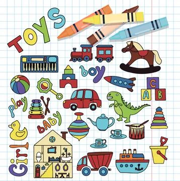 Vector toys doodle stickers set. Hand draw collection of toys icons for baby Stock Illustration