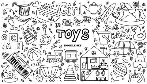 Vector toys doodle stickers set. Hand draw collection of toys icons for baby Stock Illustration