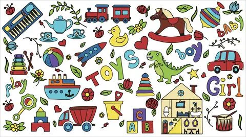 Vector toys doodle stickers set. Hand draw collection of toys icons for baby Stock Illustration