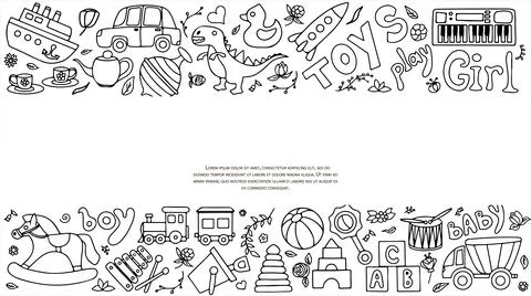 Vector toys doodle stickers set. Hand draw collection of toys icons for baby Illustrazione stock