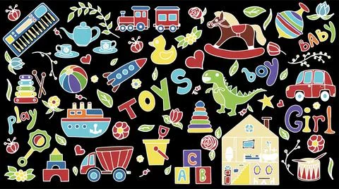 Vector toys doodle stickers set. Hand draw collection of toys icons for baby Stock Illustration