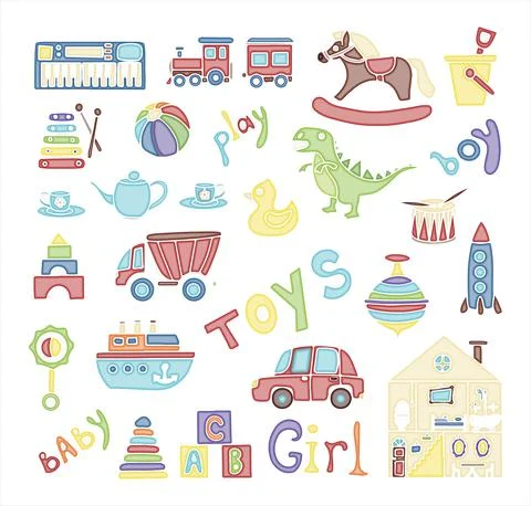 Vector toys doodle stickers set. Hand draw collection of toys icons for baby Stock Illustration