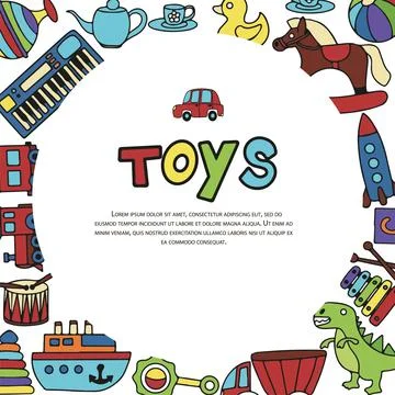 Vector toys doodle stickers set. Hand draw collection of toys icons for baby Stock Illustration