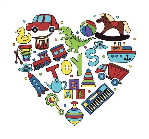 Vector toys doodle stickers set. Hand draw collection of toys icons for baby Stock Illustration