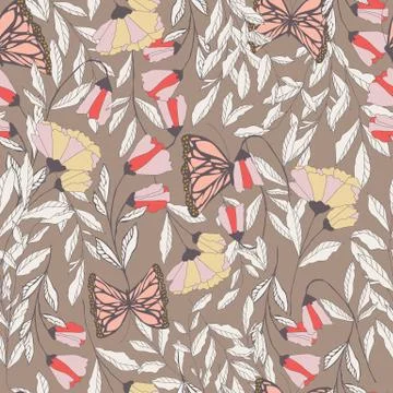Vector traditional seamless pattern with Monarch butterflies, floral elements Stock Illustration