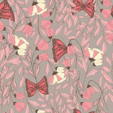 Vector traditional seamless pattern with Monarch butterflies, floral elements Stockillustratie