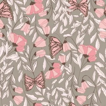 Vector traditional seamless pattern with Monarch butterflies, floral elements Illustrazione stock