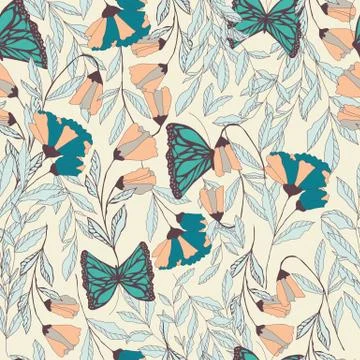Vector traditional seamless pattern with Monarch butterflies, floral elements Stock Illustration