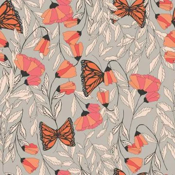 Vector traditional seamless pattern with Monarch butterflies, floral elements Stock Illustration