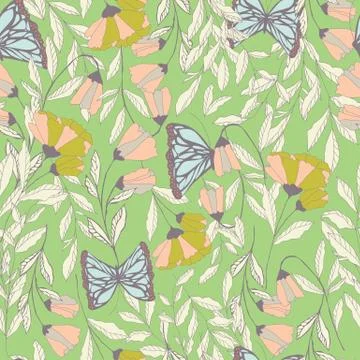 Vector traditional seamless pattern with Monarch butterflies, floral elements Stock Illustration