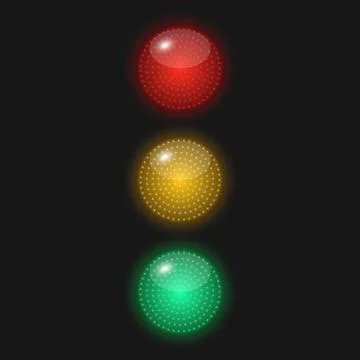 Vector Traffic Light Glowing Dots Set. Red Yellow Green Signal Lamps on Black Stock Illustration