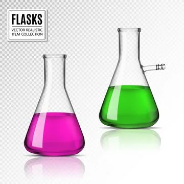 Vector transparent glass chemical flasks full off green and rose color liquid Stock Illustration