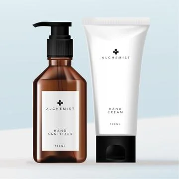 Vector Transparent Tinted Brown Pump Dispenser Hand Sanitizer Bottle and Tube Stock Illustration