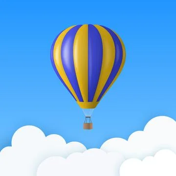 Vector Travel Banner with 3d Realistic Blue and Yellow Hot Air Balloon Icon.. Illustration