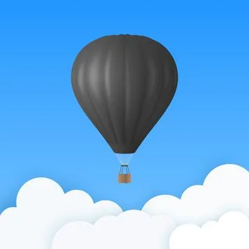 Vector Travel Banner with 3d Realistic Black Hot Air Balloon Icon on a Blue.. Stock Illustration
