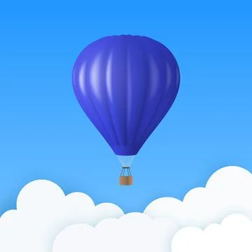 Vector Travel Banner with 3d Realistic Blue Hot Air Balloon Icon on a Blue Sk Ilustração Stock