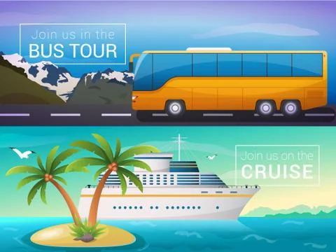 Vector travel banners set. Bus tour to Alps mountains, ocean sea cruise liner in Stock Illustration
