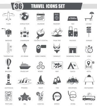 Vector Travel black icon set. Dark grey classic  design for web. Ilustração Stock