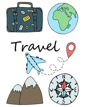 Vector travel doodle set with suitcase, airplane, Earth, mountains, compass.  Stock Illustration