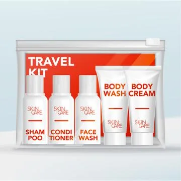 Vector Travel Mini Tubes &amp; Bottles Toiletries Set in Clear Plastic Zip Lock Bag Stock Illustration