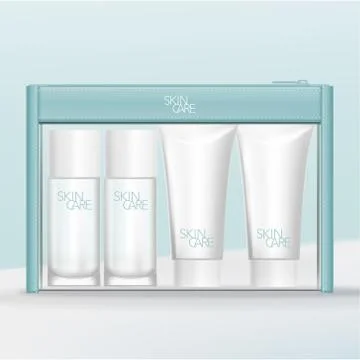 Vector Travel Mini Tubes &amp; Bottles Toiletries Set in Zipper Bag. Stock Illustration