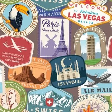 Vector travel stickers seamless pattern Stock Illustration