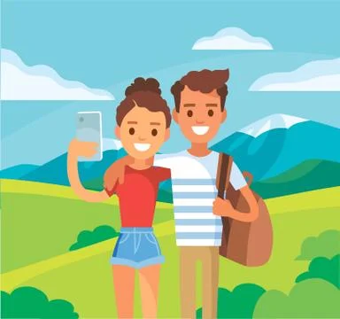 Vector traveller couple stands making selfie in front of panoramic view. Stock Illustration