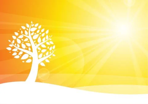 Vector : Tree and blowed leaves on orange background Stock Illustration