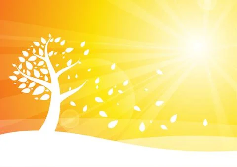 Vector : Tree and blowed leaves on orange background Stock Illustration