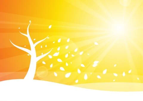 Vector : Tree and blowed leaves on orange background Stock Illustration