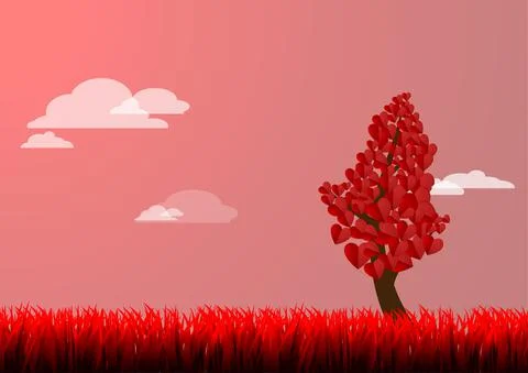 Vector : Tree and love leaves with grass and cloud Stock Illustration